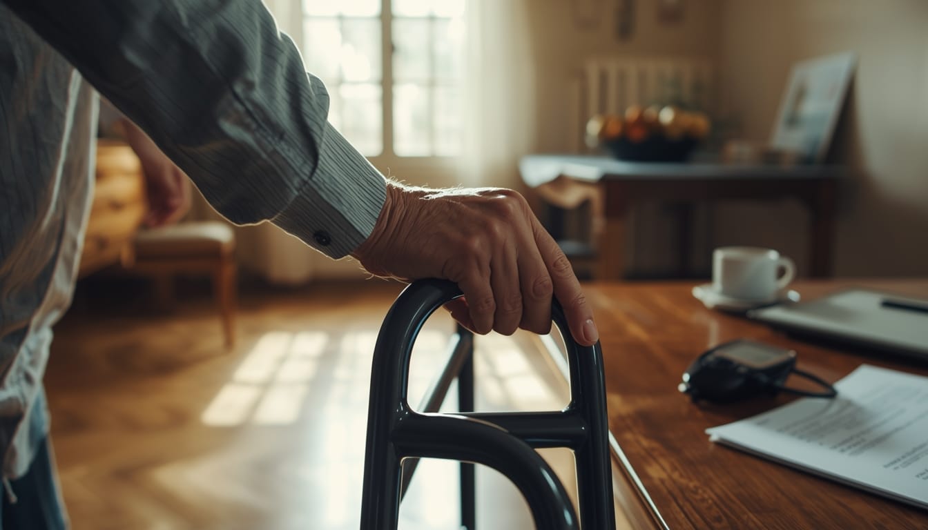 Primo piano della mano di una persona anziana che si appoggia a un deambulatore in un ambiente domestico.