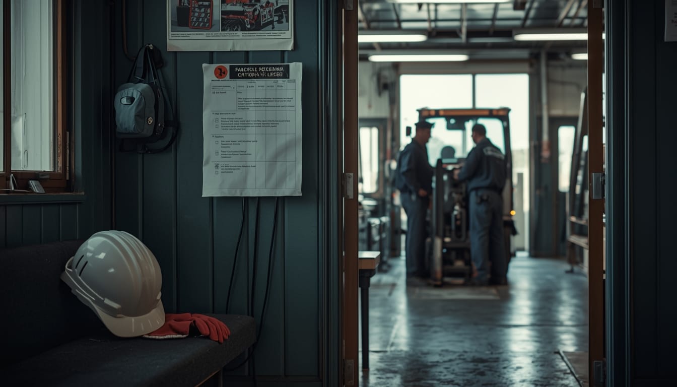 Dispositivi di protezione su un banco e, sullo sfondo sfocato, un ispettore che discute con un operaio vicino a un macchinario.