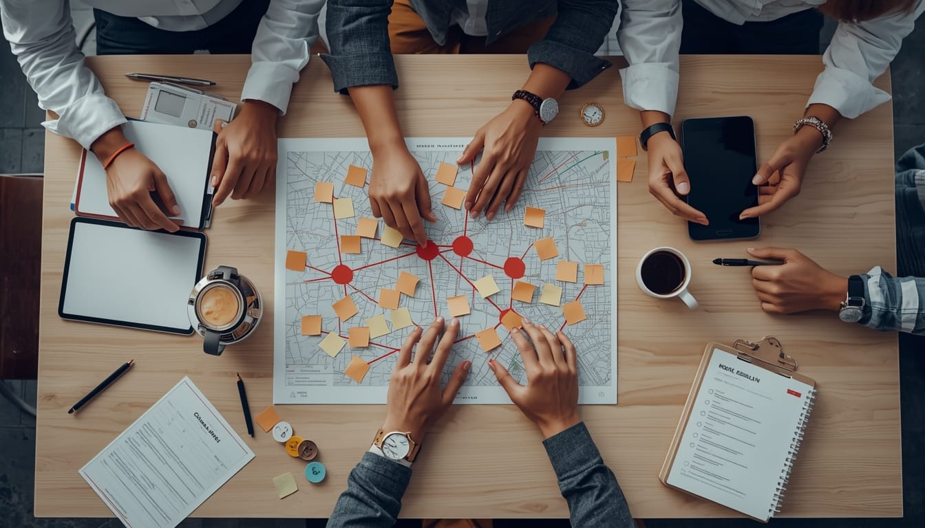 Mani su un tavolo collegano con uno spago rosso punti su una mappa urbana, tra fascicoli e strumenti di lavoro.