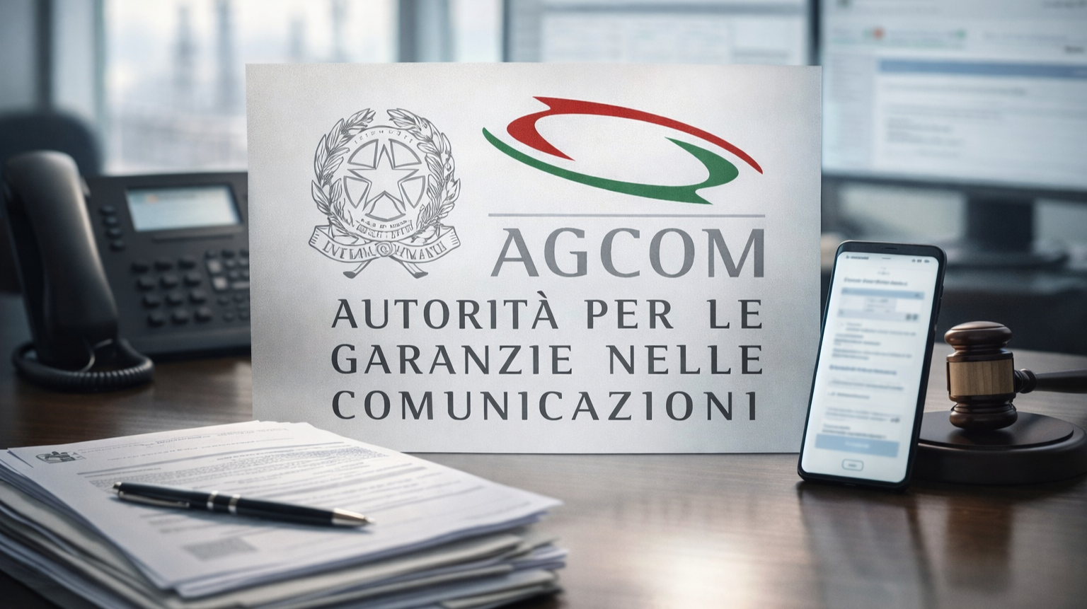 Scrivania in un ufficio con documenti e penna in primo piano; al centro un pannello con il logo AGCOM, accanto uno smartphone con schermata di assistenza e un piccolo martelletto.