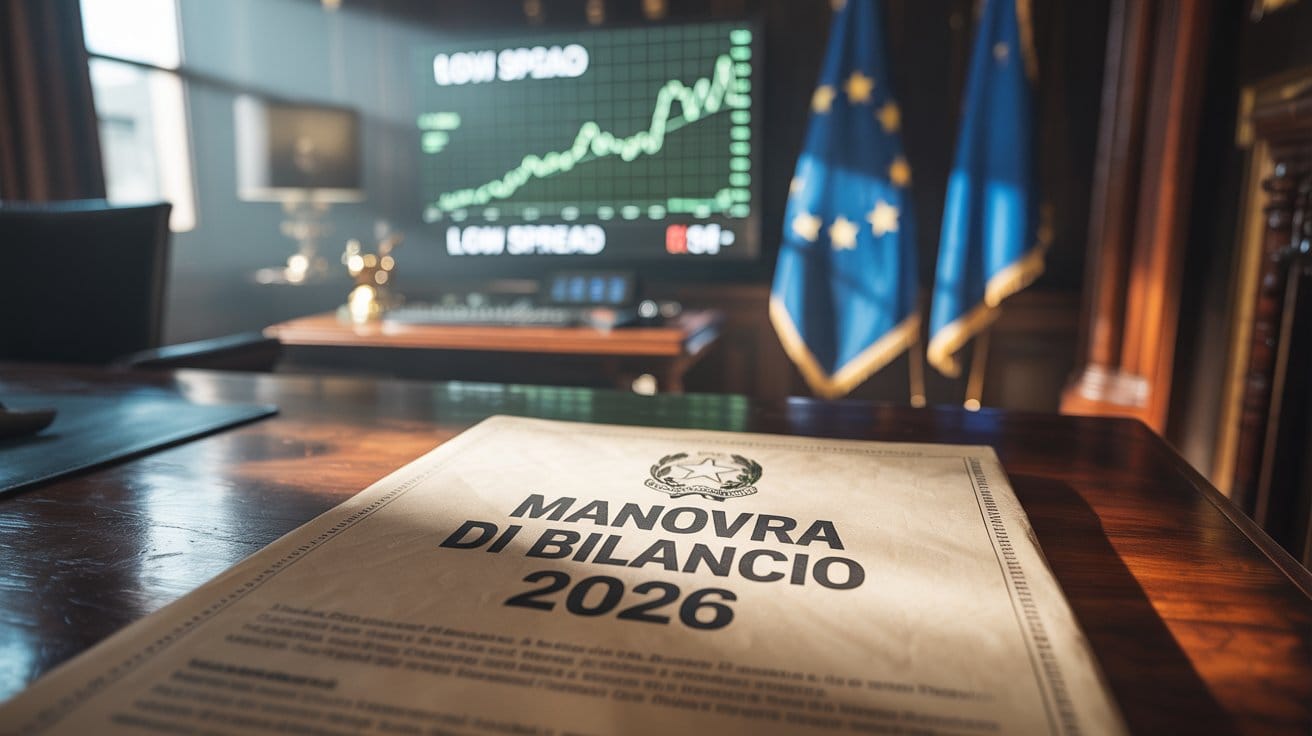 Primo piano di un documento “Manovra di Bilancio 2026” su una scrivania, con sullo sfondo un grafico di spread basso e bandiere dell’Unione Europea.