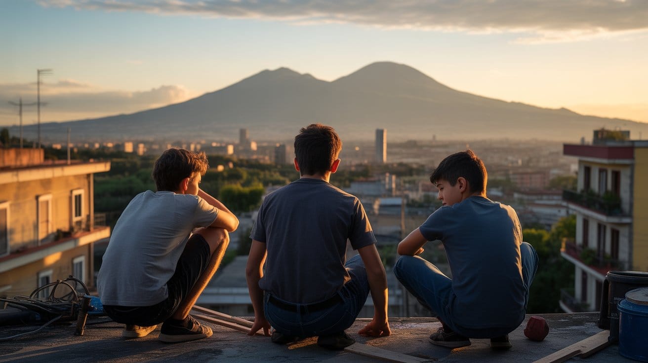 Ragazzi adolescenti di schiena lavorano in una periferia napoletana al tramonto, con il Vesuvio e la città sullo sfondo, simbolo di speranza e incertezza.