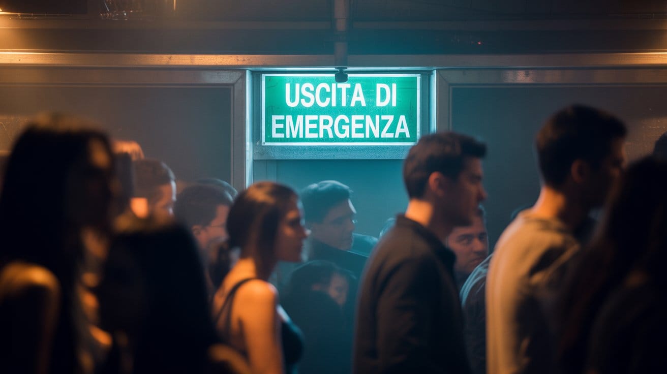 Uscita di sicurezza illuminata all’interno di un locale pubblico affollato.
