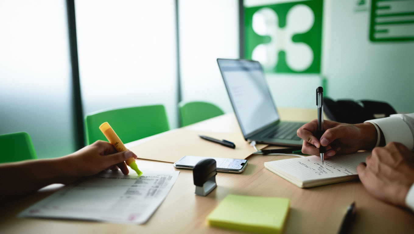 In uno sportello regionale, un cittadino mostra bollette e smartphone a un mediatore al tavolo.