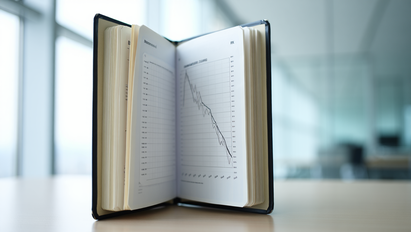 Quaderno aperto su una scrivania, con una pagina che mostra un grafico a linee in forte diminuzione; sullo sfondo un ufficio moderno sfocato.