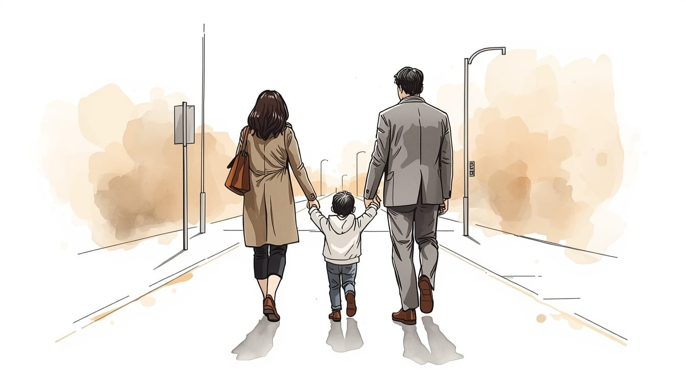 Una madre a sinistra e un padre a destra, visti di spalle, camminano tenendo per mano un bambino al centro lungo un marciapiede.