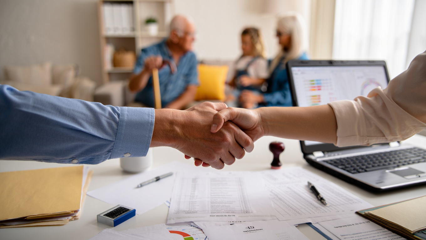 In uno sportello welfare, un funzionario e un operatore del terzo settore si stringono la mano sopra documenti e grafici.