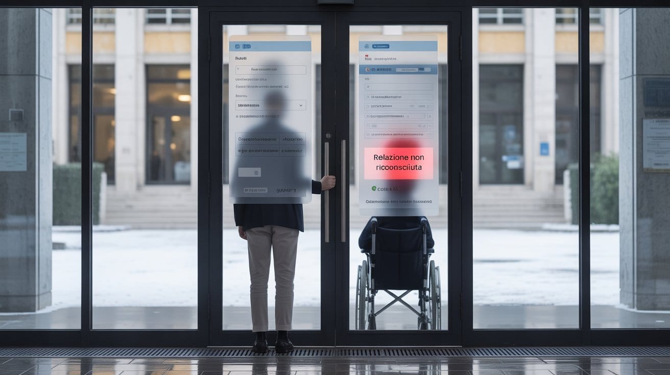 Due porte automatiche di un edificio pubblico; davanti a una persona in piedi, davanti all’altra una persona in sedia a rotelle. Su una porta compare la scritta “Relazione non riconosciuta”.