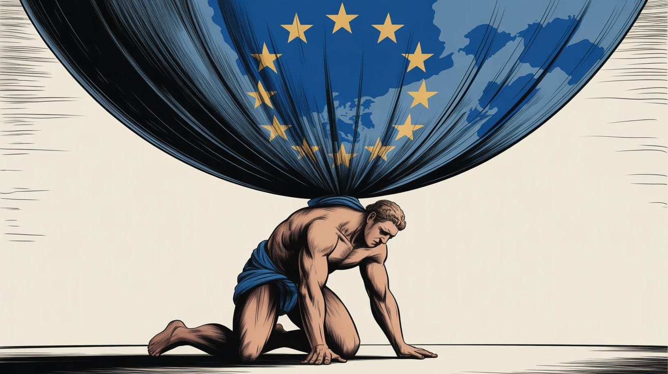 Atlante in ginocchio che sostiene un grande drappo con le stelle dell’Unione Europea.