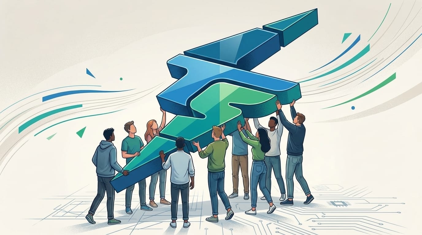 Illustrazione stilizzata di un gruppo di giovani che sorregge una grande struttura tridimensionale ispirata al logo degli ITS Academy.