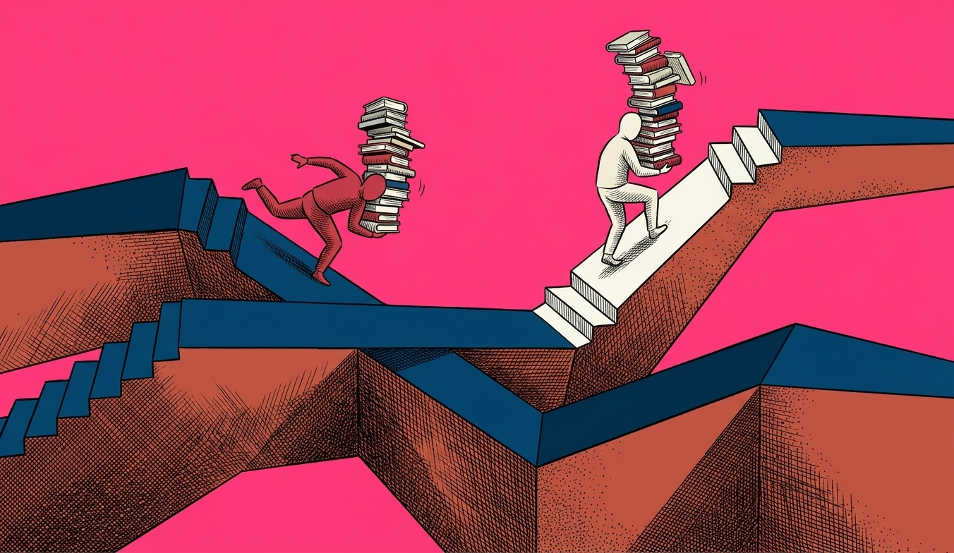 Illustrazione vettoriale di due studenti con libri in mano che corrono su scale geometriche divergenti, metafora delle disuguaglianze nei percorsi formativi post-diploma.