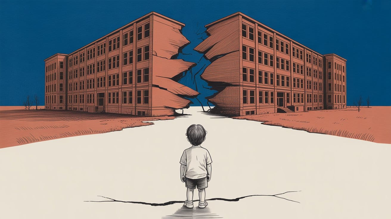 Illustrazione di un bambino di spalle davanti a un grande edificio scolastico diviso in due da una profonda spaccatura centrale.