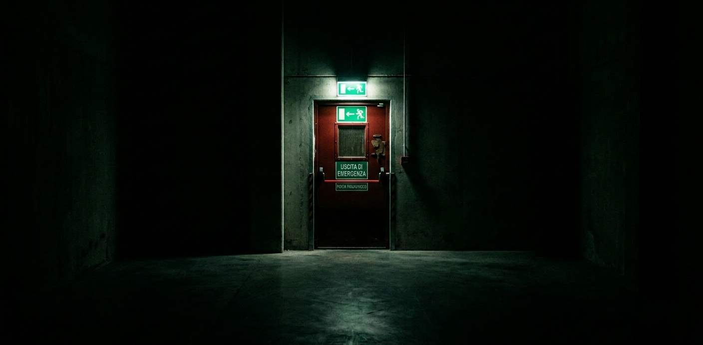 Alt text: Porta rossa di uscita di emergenza illuminata in un corridoio buio, con cartello verde luminoso "Uscita di emergenza".