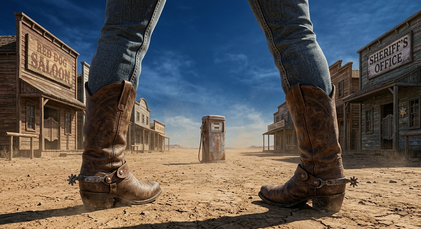 Un distributore di carburante vintage abbandonato al centro di una strada desertica da Far West, con stivali da cowboy in primo piano.