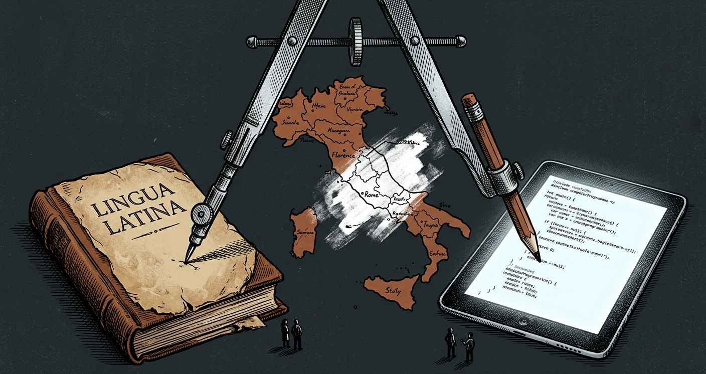 Illustrazione editoriale con un compasso che unisce un libro di latino e un tablet con codice, sopra una mappa dell'Italia parzialmente cancellata.