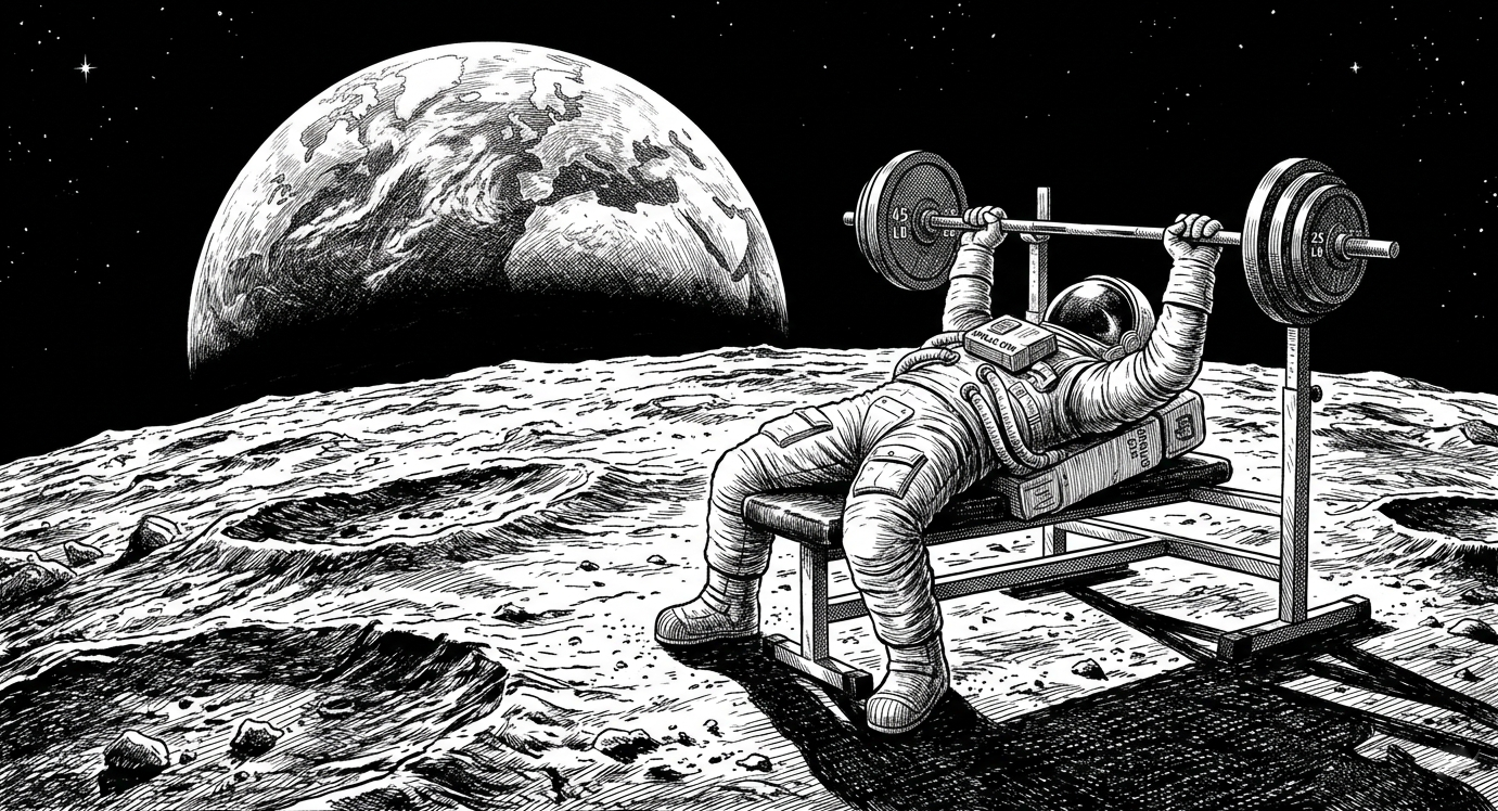  Illustrazione in bianco e nero in stile incisione: un astronauta in tuta spaziale solleva un bilanciere su una panca da palestra posizionata sulla superficie lunare.