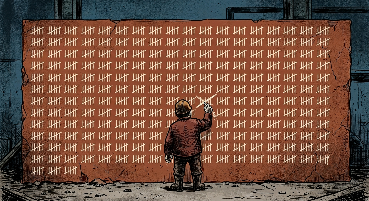 Illustrazione editoriale. Un lavoratore di spalle, con casco e giacca da lavoro, traccia una X su una delle tante serie di tacche incise su un grande muro screpolato.