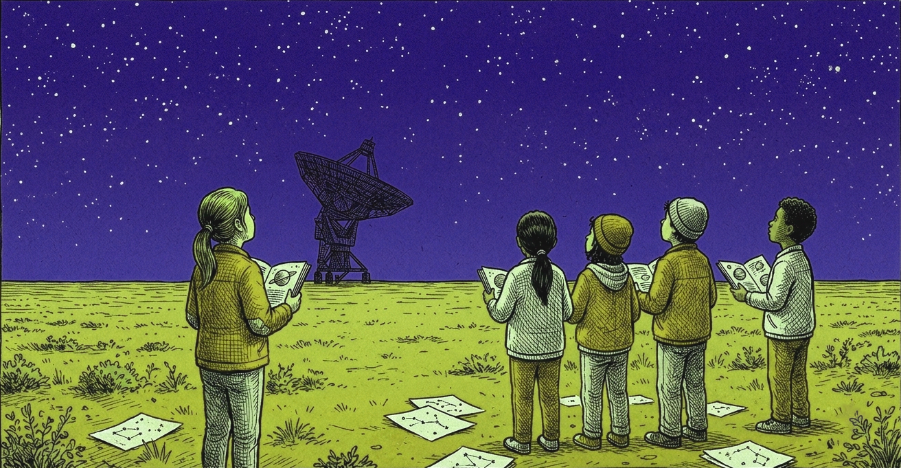 Gruppo di studenti visto da dietro osserva un cielo stellato con la sagoma di un radiotelescopo all'orizzonte
