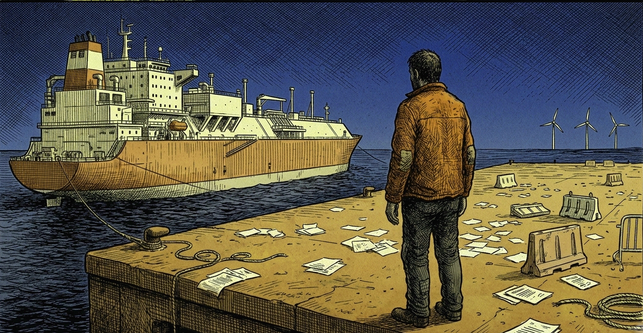 Figura solitaria su un molo portuale guarda una petroliera attraccata a sinistra e turbine eoliche lontane all'orizzonte a destra.