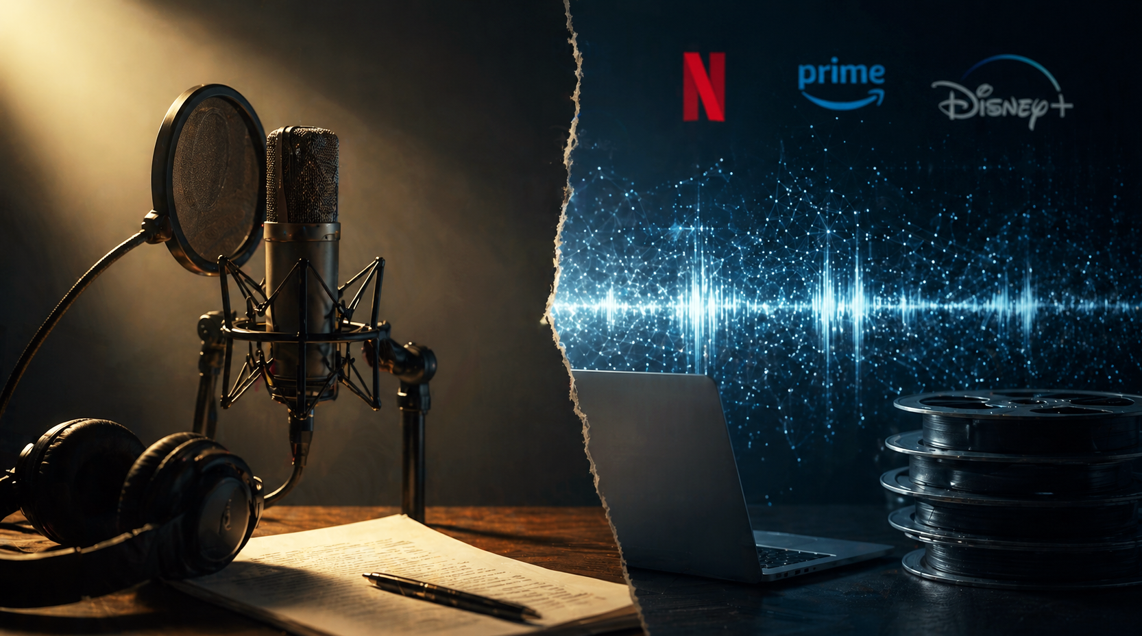 Microfono da studio e copione su un tavolo, simbolo del doppiaggio umano, contrapposti a un laptop con onde audio digitali e loghi di Netflix, Amazon Prime Video e Disney+.