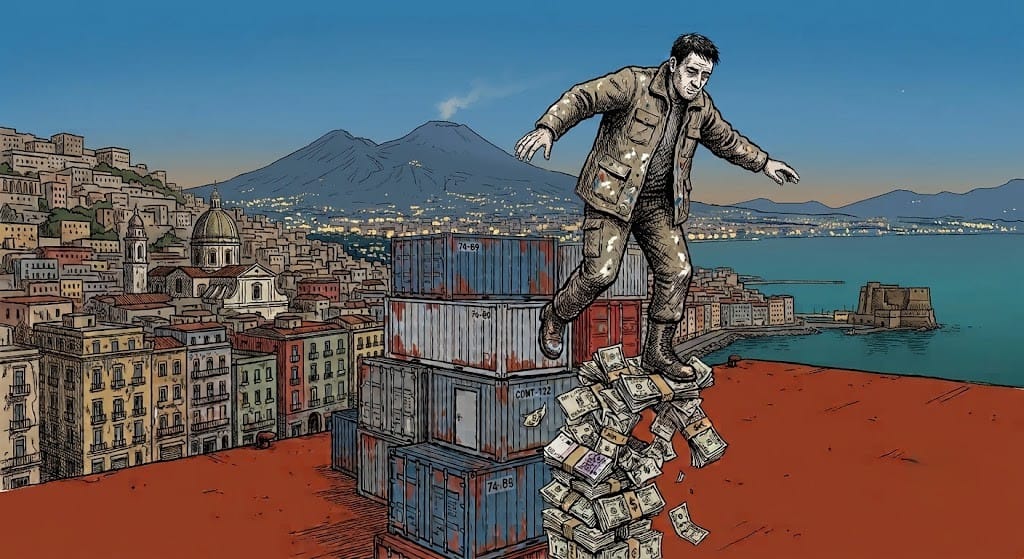 Figura in equilibrio su container portuali con un vulcano sullo sfondo, stile illustrazione editoriale.