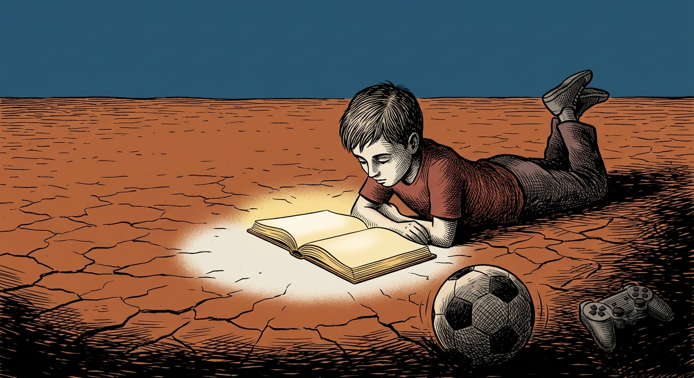 Un adolescente disteso a terra legge un libro aperto che emette luce, accanto a un pallone e un controller abbandonati