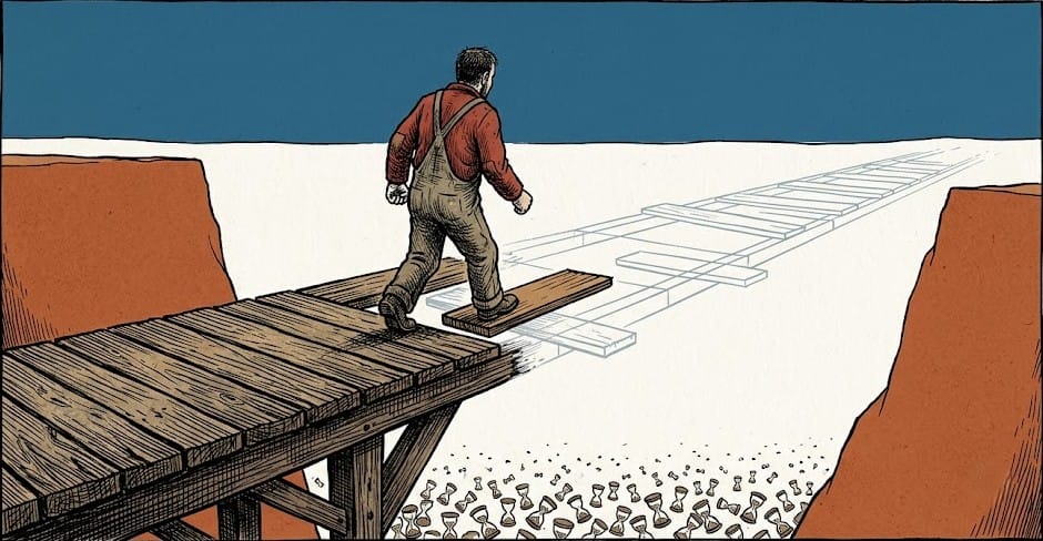 Un lavoratore attraversa di spalle un ponte di legno per metà solido e per metà appena abbozzato sopra un canyon.