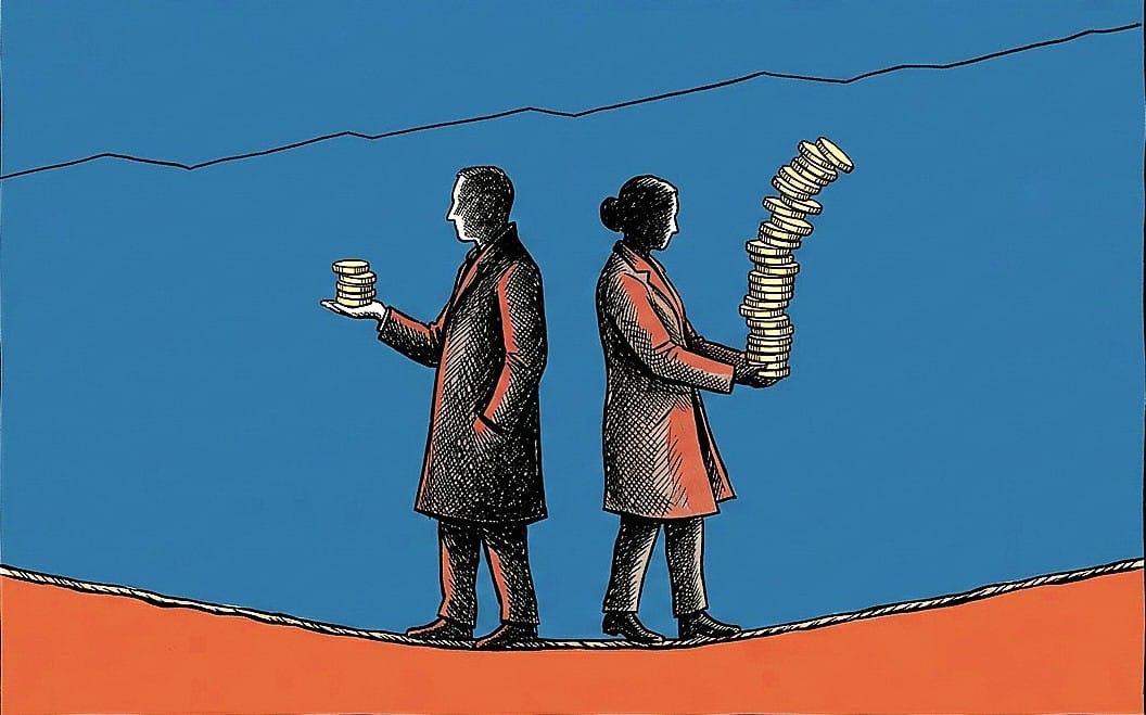 Due figure stilizzate in equilibrio su una fune, una con una pila di monete stabile, l'altra con una pila alta e instabile