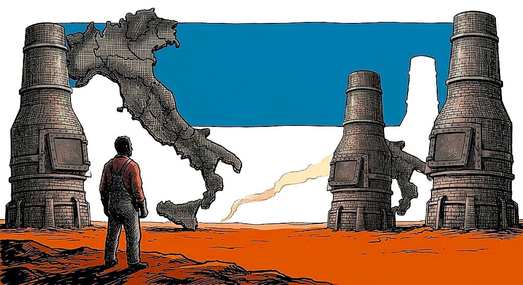 Operaio silhouette davanti a quattro altiforni spenti a forma di stivale italiano, cielo blu scuro e terra ocra.