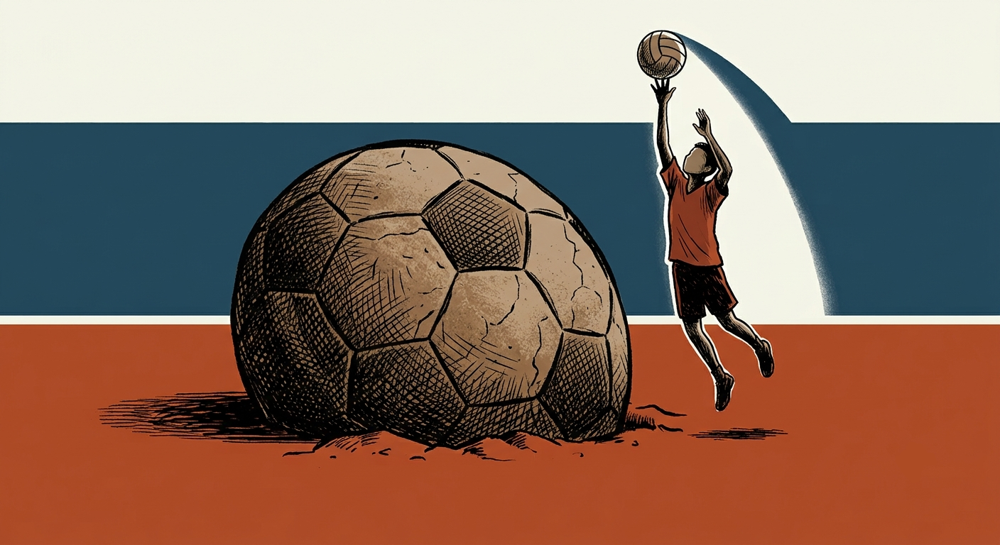 Pallone da calcio sgonfio affonda nel terreno, mentre una figura salta in alto con un pallone da volley.