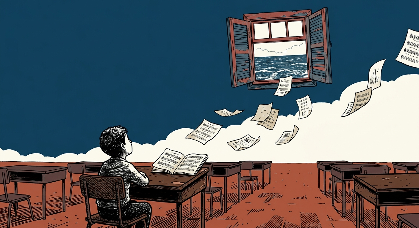 Una finestra di soffitta sospesa nel cielo sopra un banco di scuola, mentre pagine di un songbook cadono lente.