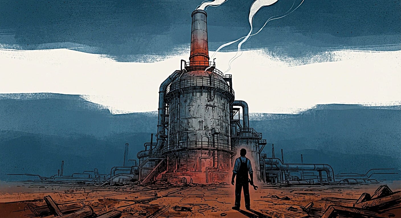 Un altoforno industriale si raffredda sotto un cielo blu scuro, con un operaio solitario in primo piano.