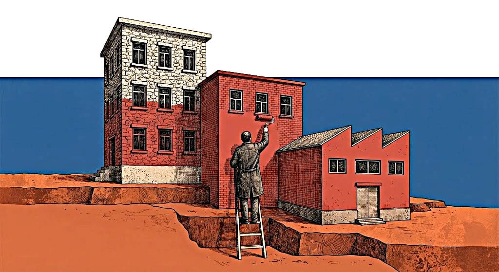 Figura anonima di spalle su una scala tinteggia di rosso tre edifici scolastici di altezze diverse, poggiati su terrazzamenti sfalsati.
