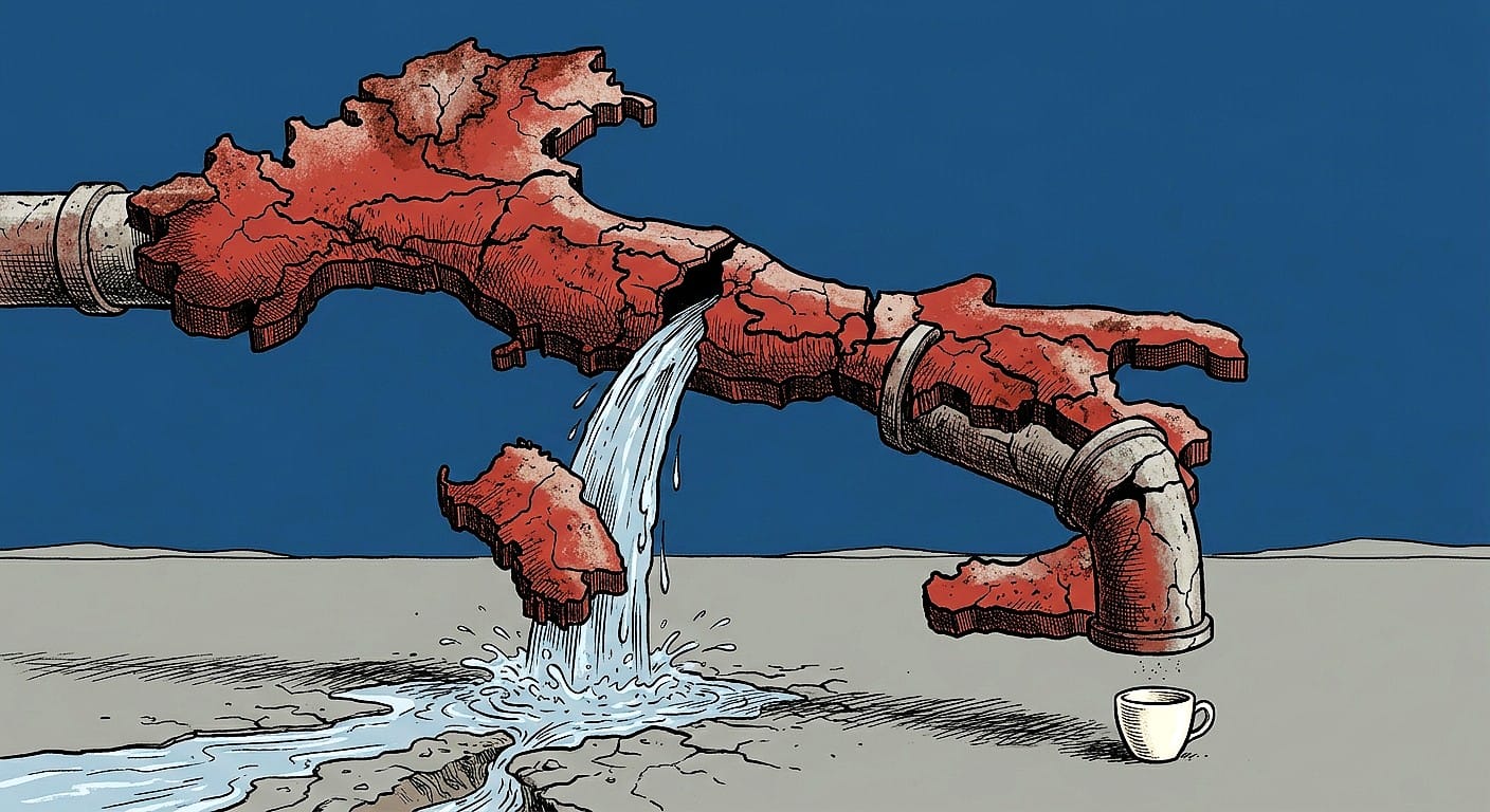 Una tubatura a forma d'Italia si spacca e lascia cadere metà dell'acqua verso una piccola tazza vuota.