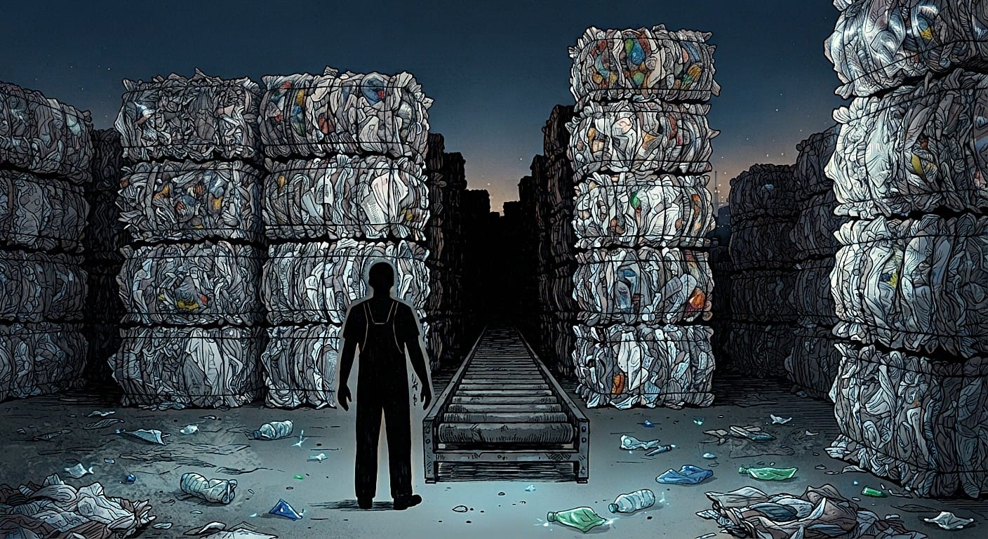 Una figura scura osserva un'enorme parete di balle di plastica compressa impilate contro un cielo blu scuro.