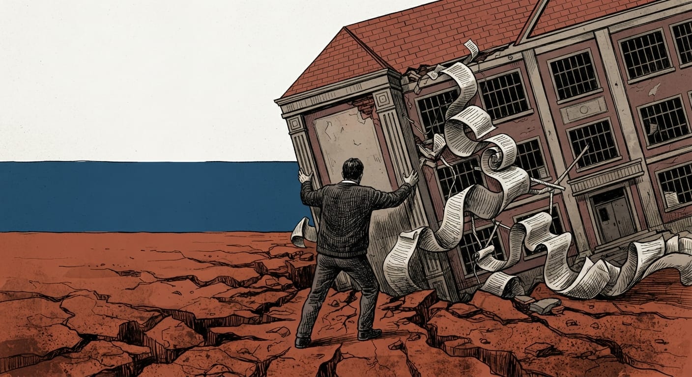 Una persona sostiene un edificio scolastico inclinato con fasci di carta arrotolata, sullo sfondo blu e terra bruciata.