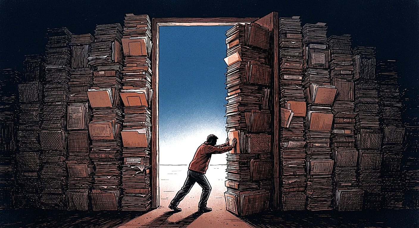 Una figura silhouette spinge una porta di fascicoli di carta impilati, oltre la quale si apre un orizzonte luminoso.