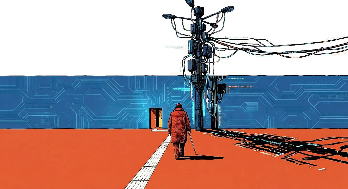 Figura anonima con bastone bianco segue una striscia tattile verso una porta, sotto un enorme lampione carico di sensori.