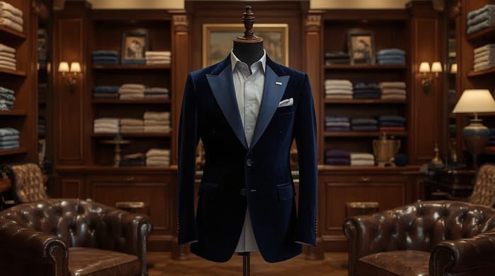 Smoking in velluto blu notte con revers in raso su manichino, in un’elegante sartoria di Savile Row.
