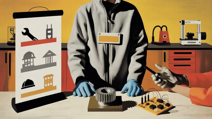 Studente in laboratorio tecnico con guanti blu davanti a un banco con un ingranaggio metallico e un circuito elettronico, mentre un tutor (solo mani visibili) indica i componenti.