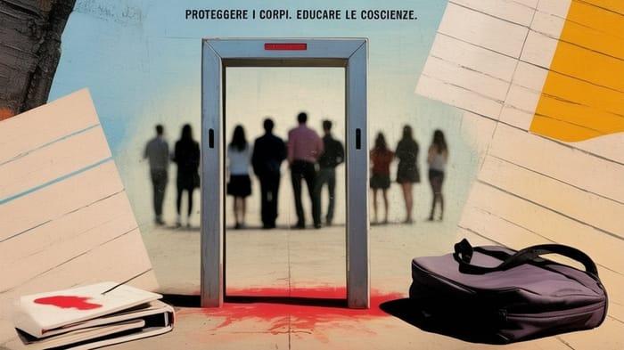 Un metal detector scolastico al centro dell’immagine divide la scena: sullo sfondo, figure sfocate di studenti in piedi evocano una comunità scossa ma presente.