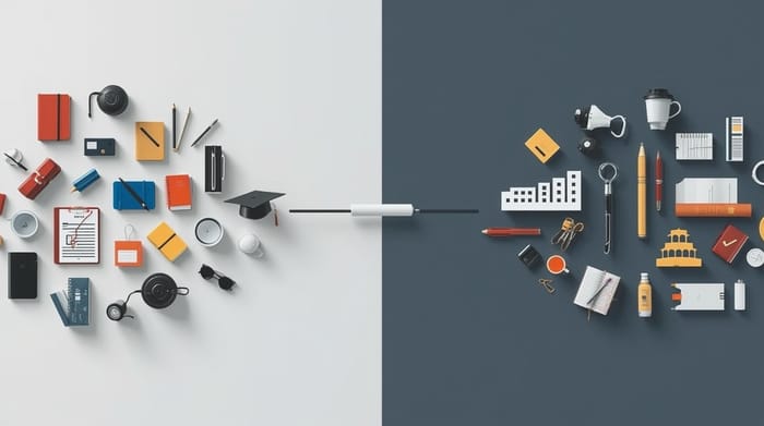 Illustrazione concettuale divisa in due parti: a sinistra oggetti scolastici tradizionali, a destra strumenti legati al lavoro e alla vita adulta.