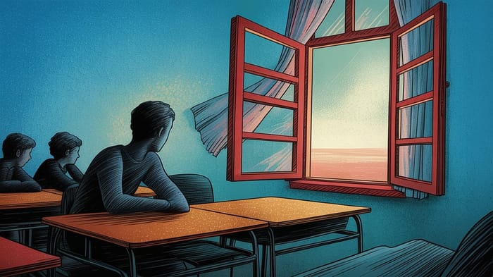 Illustrazione di studenti seduti in classe che osservano una finestra aperta verso l’esterno, simbolo di apertura, crescita e sviluppo delle competenze personali e di vita.