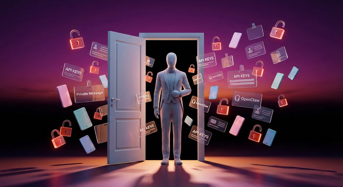 Figura umana stilizzata senza volto, vestita da maggiordomo, in piedi sulla soglia di una porta aperta su uno spazio buio. Attorno fluttuano elementi digitali trasparenti e luminosi.