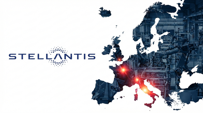Mappa dell’Europa con il logo Stellantis e stabilimenti industriali sovrapposti, a rappresentare l’impatto della transizione energetica sull’industria automobilistica europea.