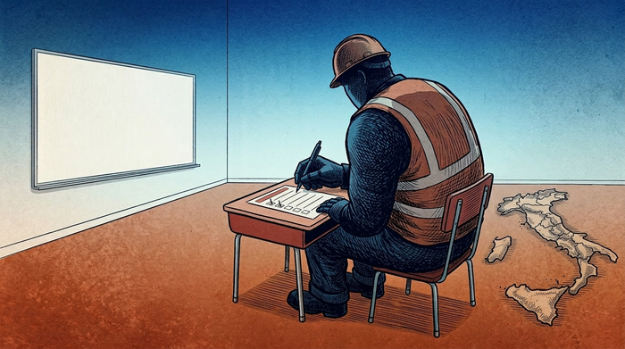 Illustrazione editoriale: lavoratore con elmetto e gilet catarifrangente seduto a un banco scolastico in un'aula vuota, intento a compilare un modulo.