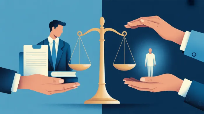 Bilancia della giustizia stilizzata che mette in equilibrio fascicoli legali e simboli astratti di assistenza familiare.