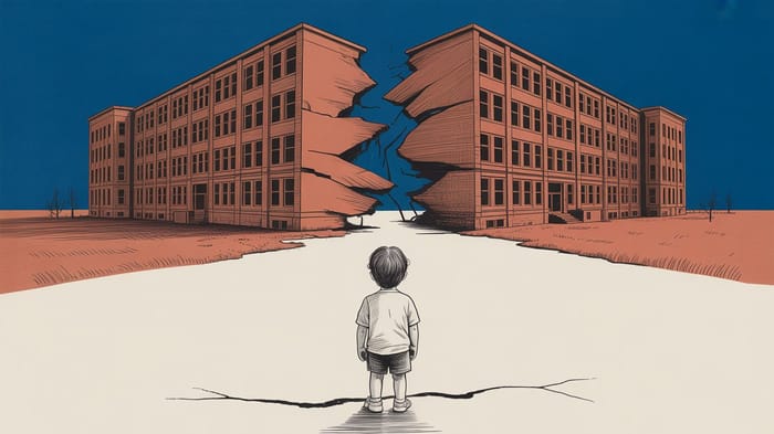 Illustrazione di un bambino di spalle davanti a un grande edificio scolastico diviso in due da una profonda spaccatura centrale.