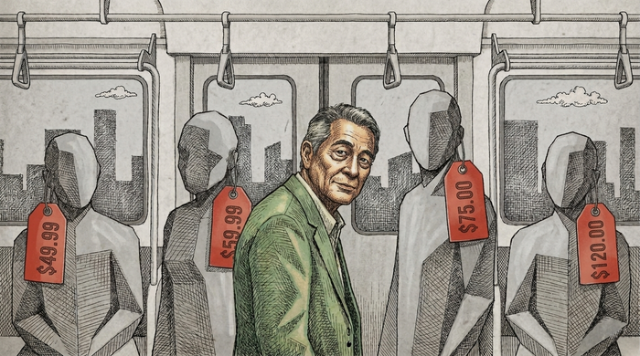 Un'illustrazione a fumetti editoriale che raffigura l'interno di un vagone della metropolitana. Al centro, un uomo di mezza età guarda dritto lo spettatore.