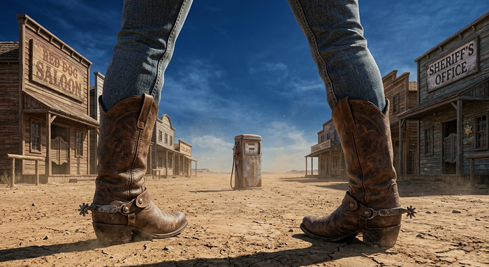 Un distributore di carburante vintage abbandonato al centro di una strada desertica da Far West, con stivali da cowboy in primo piano.